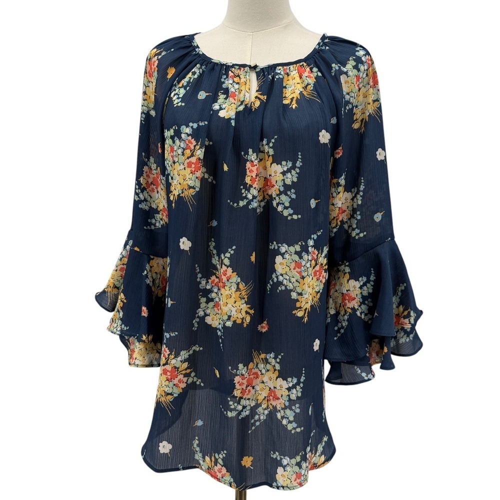 Chaps Womens XXL Floral Peasant Blouse Navy Blue Bell Sleeve Boho Tunic Top NWT
